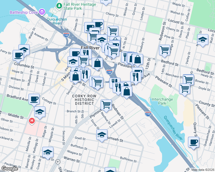 map of restaurants, bars, coffee shops, grocery stores, and more near 164 Hartwell Street in Fall River