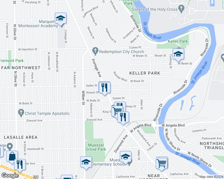 map of restaurants, bars, coffee shops, grocery stores, and more near 1351 Kinyon Street in South Bend