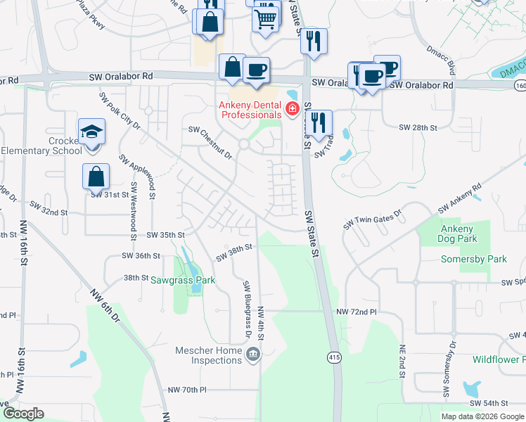 map of restaurants, bars, coffee shops, grocery stores, and more near 3202 Southwest Sharmin Lane in Ankeny