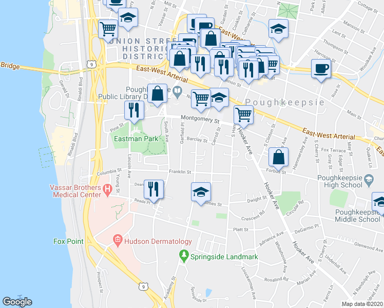 map of restaurants, bars, coffee shops, grocery stores, and more near 122 Academy Street in Poughkeepsie