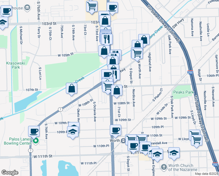 map of restaurants, bars, coffee shops, grocery stores, and more near 10700 S Harlem Ave in Worth