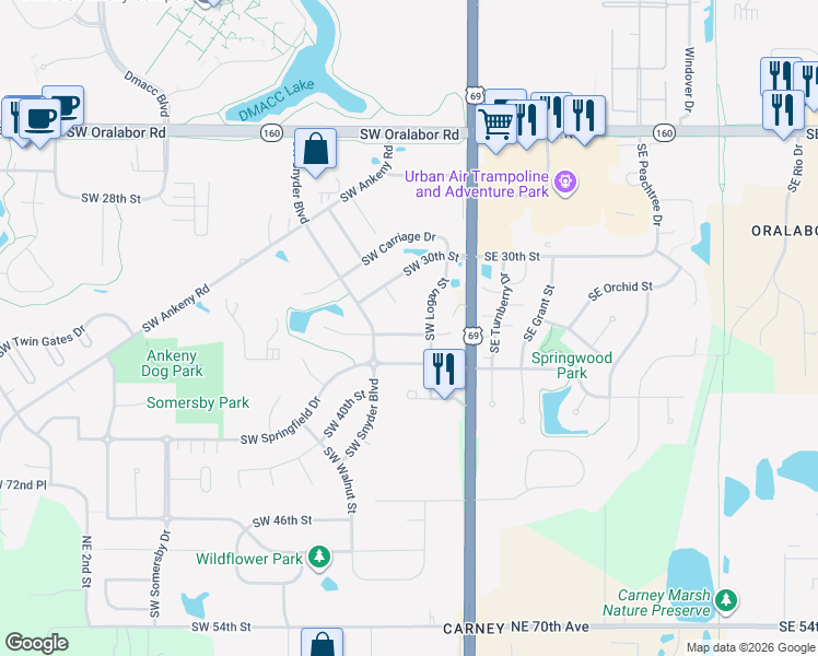 map of restaurants, bars, coffee shops, grocery stores, and more near 304 Southwest 32nd Street in Ankeny
