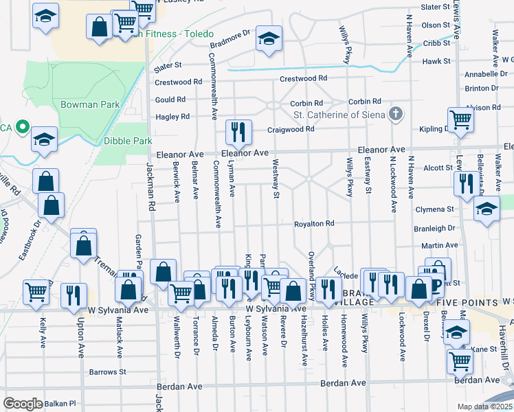 map of restaurants, bars, coffee shops, grocery stores, and more near 4327 Parrakeet Avenue in Toledo