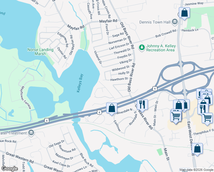 map of restaurants, bars, coffee shops, grocery stores, and more near 3 Herring Run Road in Dennis