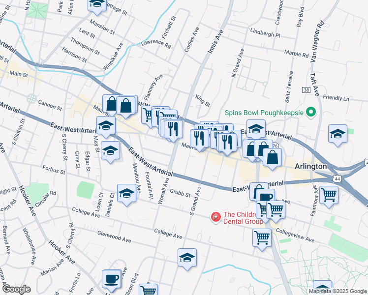 map of restaurants, bars, coffee shops, grocery stores, and more near 714 Main Street in Poughkeepsie