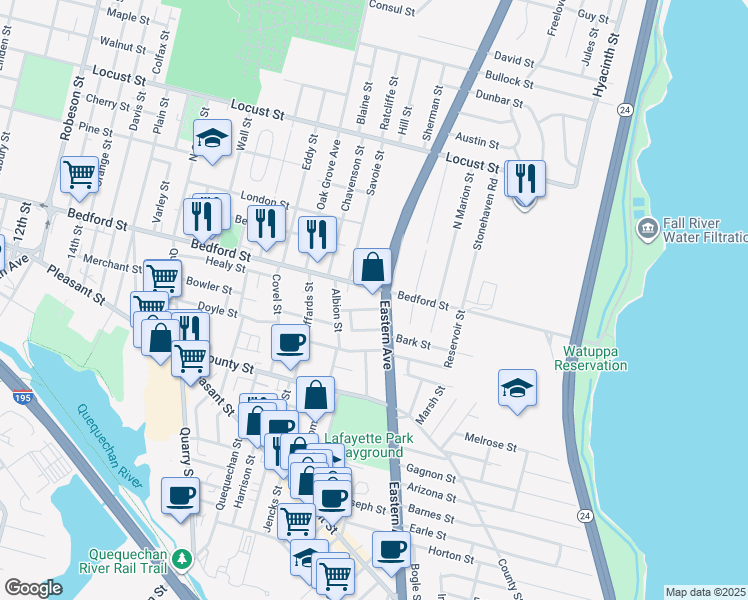 map of restaurants, bars, coffee shops, grocery stores, and more near 15 Eastern Avenue in Fall River