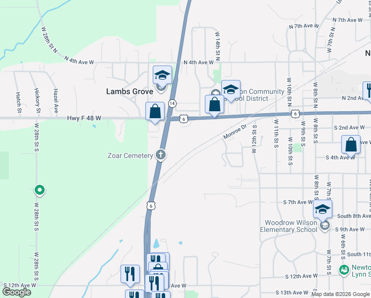 map of restaurants, bars, coffee shops, grocery stores, and more near 1403 1st Avenue West in Newton