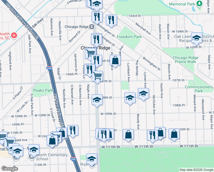 map of restaurants, bars, coffee shops, grocery stores, and more near 10712 Princess Avenue in Chicago Ridge