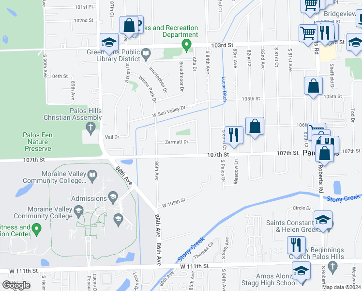 map of restaurants, bars, coffee shops, grocery stores, and more near 8507 Zermatt Drive in Palos Hills