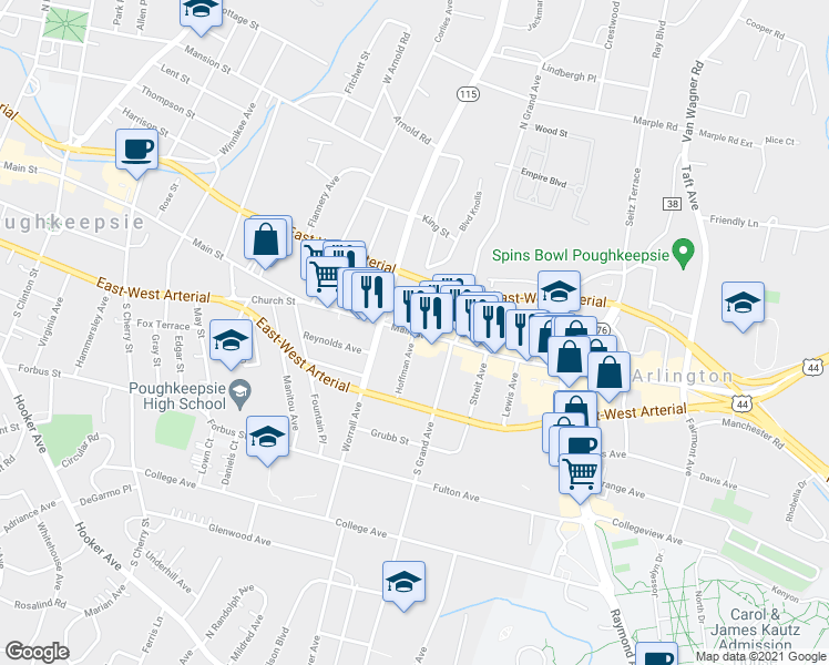 map of restaurants, bars, coffee shops, grocery stores, and more near 721 Main Street in Poughkeepsie