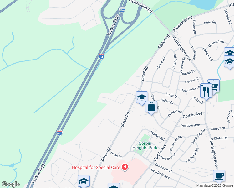 map of restaurants, bars, coffee shops, grocery stores, and more near 85 Royal Oak Road in New Britain