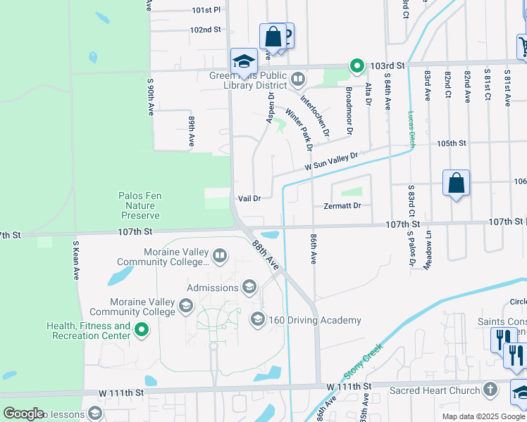 map of restaurants, bars, coffee shops, grocery stores, and more near 8708 Dartmouth Road in Palos Hills