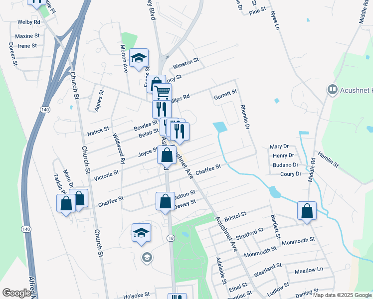 map of restaurants, bars, coffee shops, grocery stores, and more near 2834 Acushnet Avenue in New Bedford