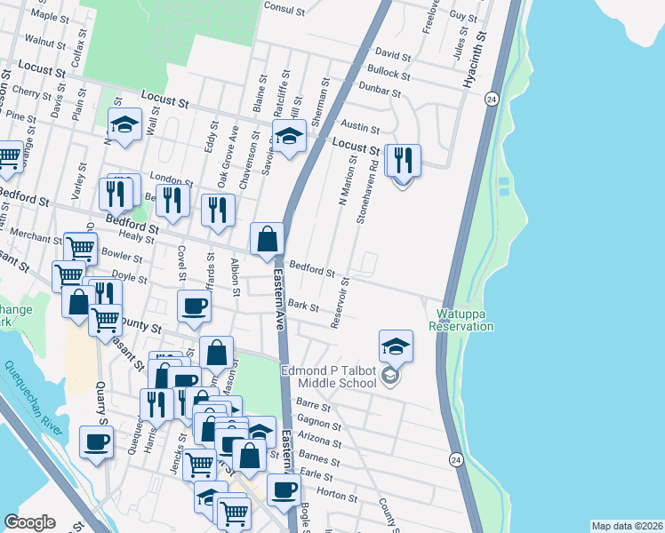 map of restaurants, bars, coffee shops, grocery stores, and more near 1513 Bedford Street in Fall River