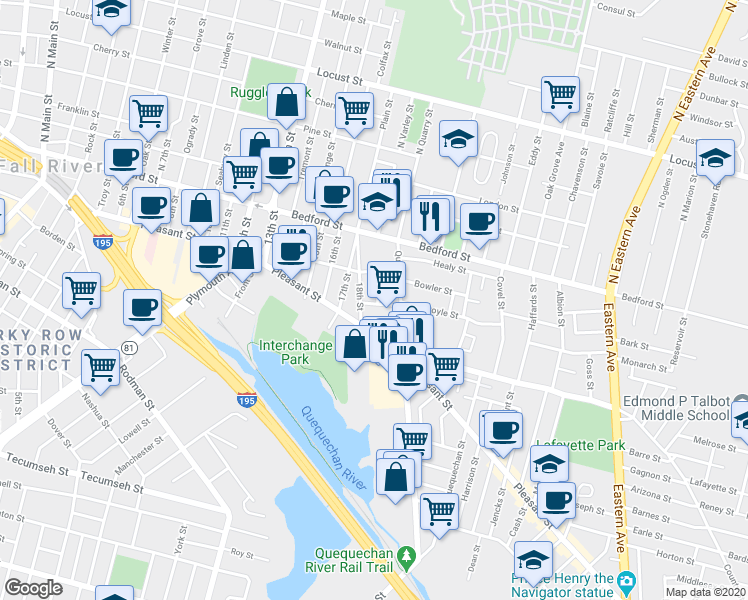 map of restaurants, bars, coffee shops, grocery stores, and more near 910 Pleasant Street in Fall River