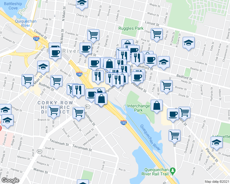 map of restaurants, bars, coffee shops, grocery stores, and more near 139 Front Street in Fall River