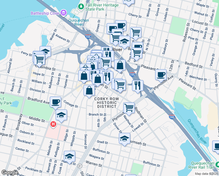 map of restaurants, bars, coffee shops, grocery stores, and more near 208 Rodman Street in Fall River