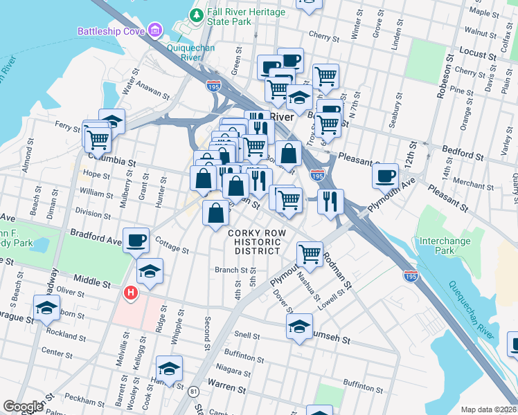 map of restaurants, bars, coffee shops, grocery stores, and more near 208 Rodman Street in Fall River