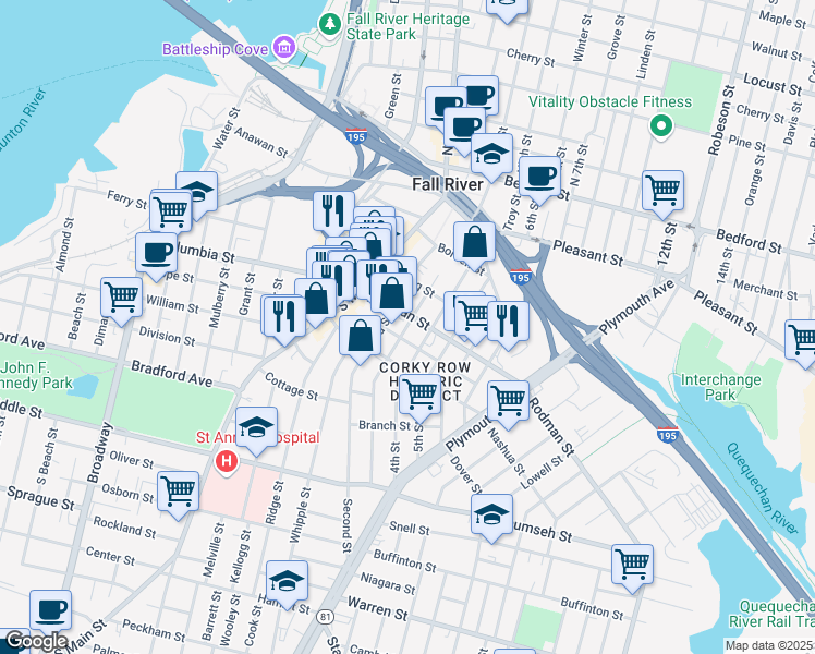 map of restaurants, bars, coffee shops, grocery stores, and more near 378 Third Street in Fall River
