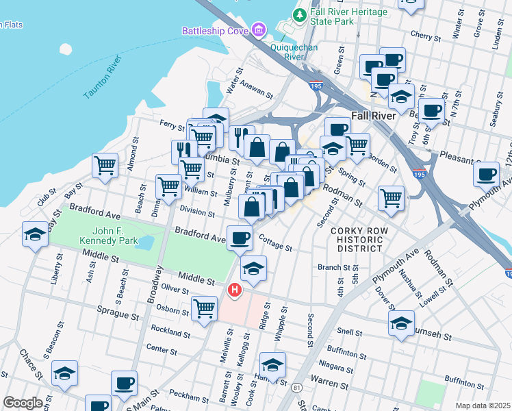 map of restaurants, bars, coffee shops, grocery stores, and more near 140 Grant Street in Fall River