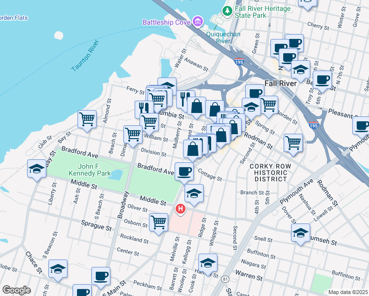 map of restaurants, bars, coffee shops, grocery stores, and more near 140 Grant Street in Fall River