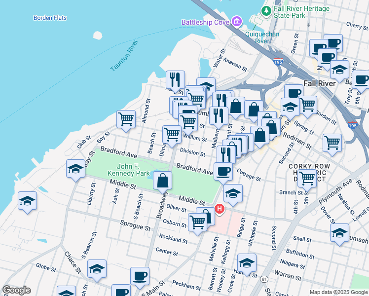 map of restaurants, bars, coffee shops, grocery stores, and more near 288 Broadway in Fall River