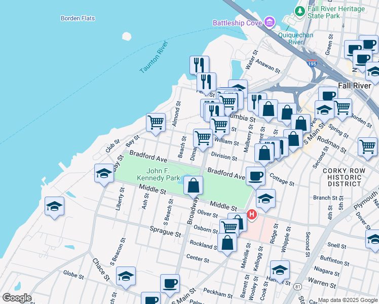 map of restaurants, bars, coffee shops, grocery stores, and more near 189 Diman Street in Fall River