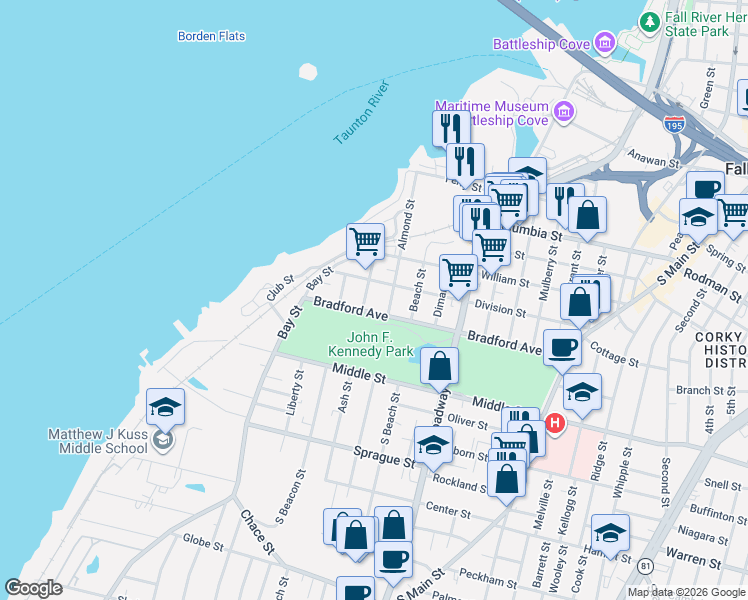 map of restaurants, bars, coffee shops, grocery stores, and more near 116 Howard Street in Fall River