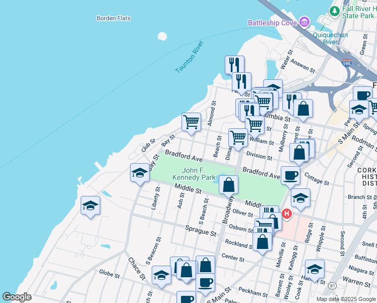 map of restaurants, bars, coffee shops, grocery stores, and more near 116 Howard Street in Fall River