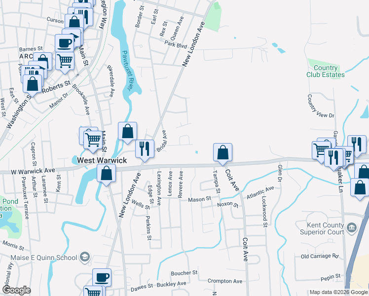 map of restaurants, bars, coffee shops, grocery stores, and more near 30 Cactus Street in Warwick