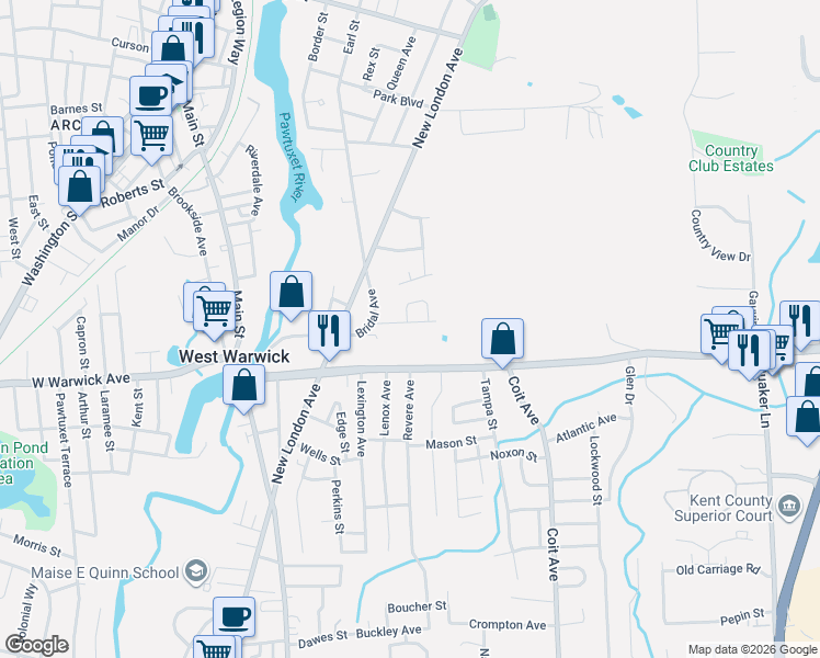 map of restaurants, bars, coffee shops, grocery stores, and more near 30 Cactus Street in Warwick