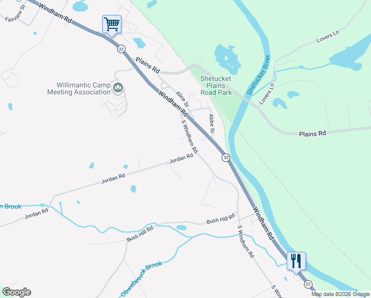 map of restaurants, bars, coffee shops, grocery stores, and more near 22 Jordan Road in Windham