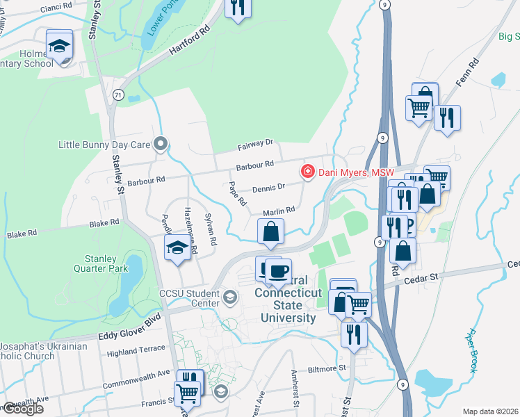 map of restaurants, bars, coffee shops, grocery stores, and more near 127 Marlin Road in New Britain