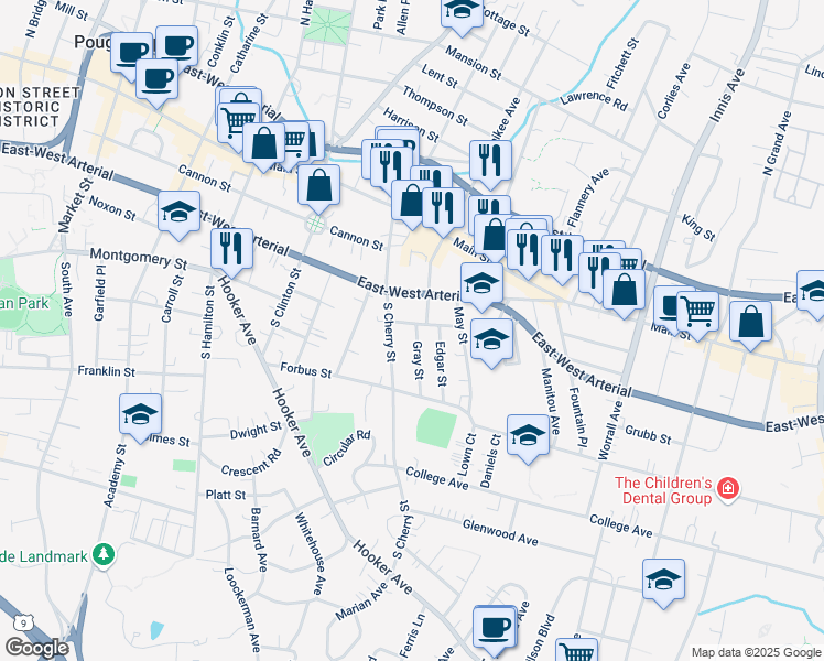 map of restaurants, bars, coffee shops, grocery stores, and more near 1 Gray Street in Poughkeepsie