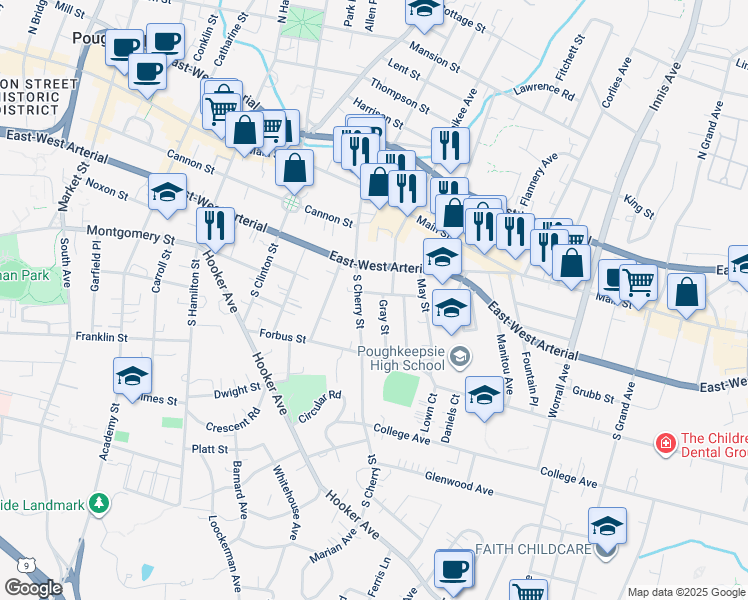 map of restaurants, bars, coffee shops, grocery stores, and more near 1 Gray Street in Poughkeepsie