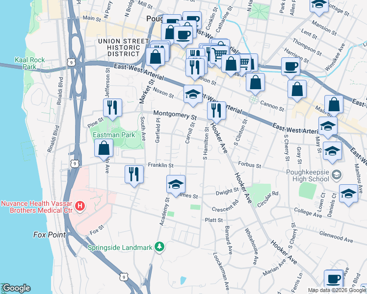 map of restaurants, bars, coffee shops, grocery stores, and more near 44 Carroll Street in Poughkeepsie