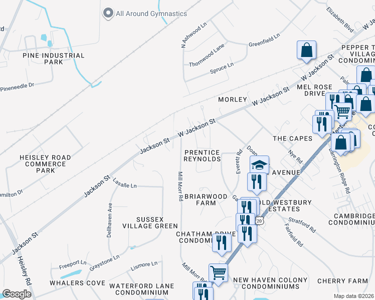 map of restaurants, bars, coffee shops, grocery stores, and more near 40 Prentice Road in Painesville