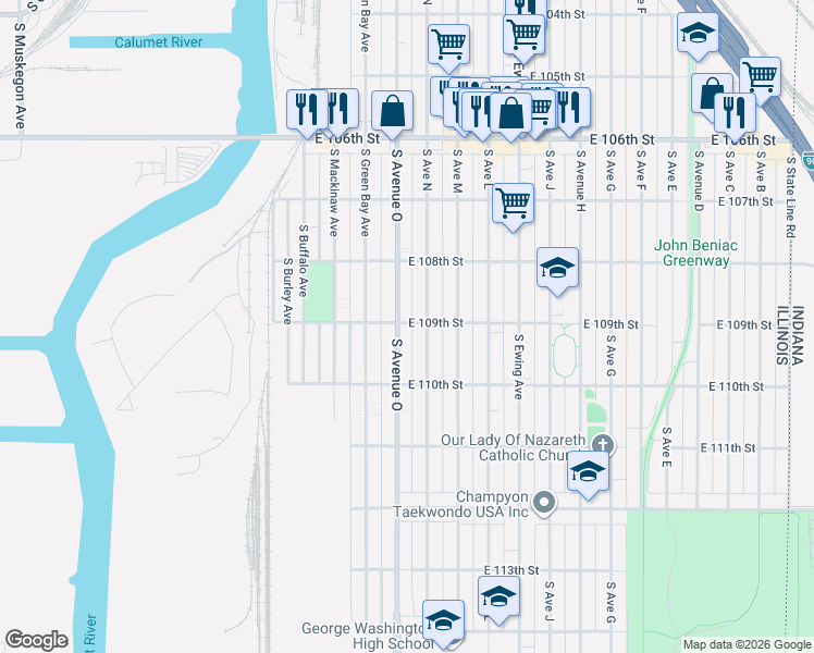 map of restaurants, bars, coffee shops, grocery stores, and more near 10909 South Avenue O in Chicago