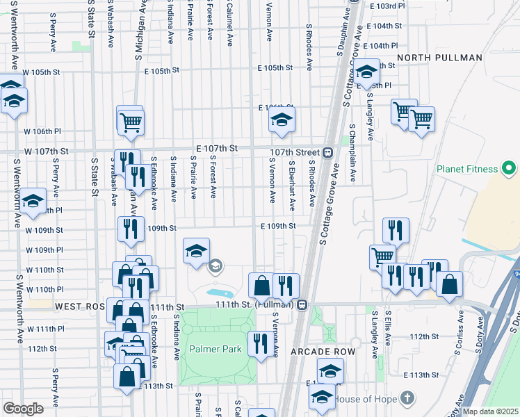 map of restaurants, bars, coffee shops, grocery stores, and more near 10837 South King Drive in Chicago