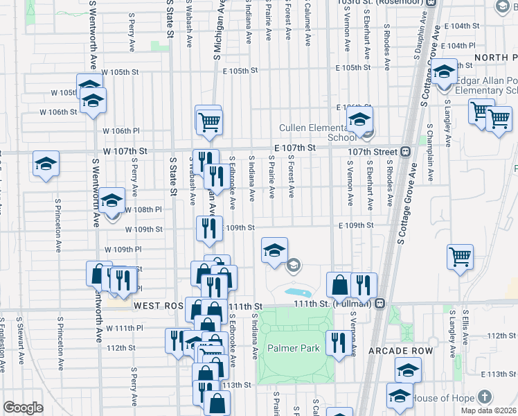 map of restaurants, bars, coffee shops, grocery stores, and more near 10839 South Indiana Avenue in Chicago