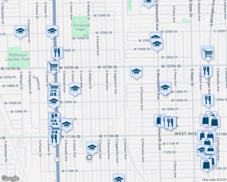 map of restaurants, bars, coffee shops, grocery stores, and more near 10828 South Eggleston Avenue in Chicago