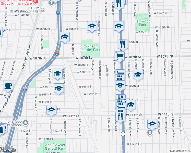 map of restaurants, bars, coffee shops, grocery stores, and more near 10826 South Sangamon Street in Chicago
