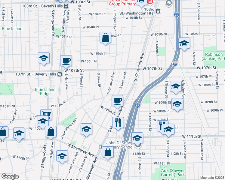map of restaurants, bars, coffee shops, grocery stores, and more near 10820 South Prospect Avenue in Chicago