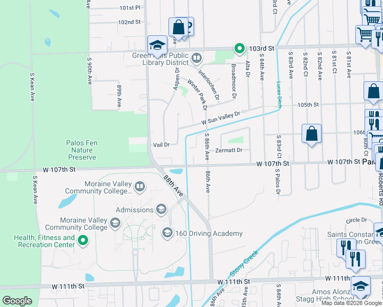 map of restaurants, bars, coffee shops, grocery stores, and more near 10675 Granada Court in Palos Hills