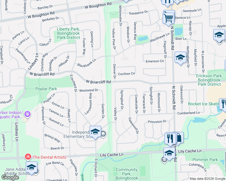 map of restaurants, bars, coffee shops, grocery stores, and more near 109 Valley Drive in Bolingbrook