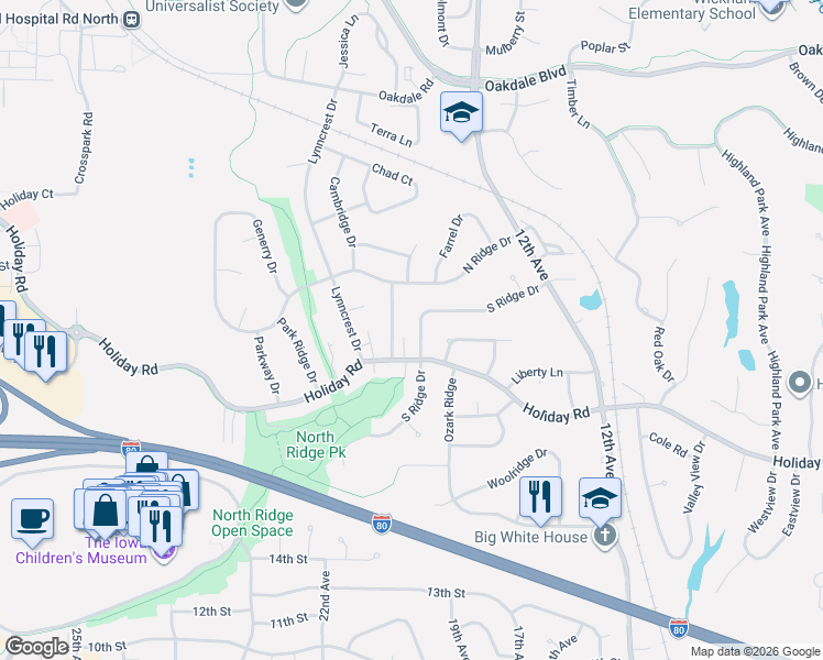 map of restaurants, bars, coffee shops, grocery stores, and more near 2028 South Ridge Drive in Coralville