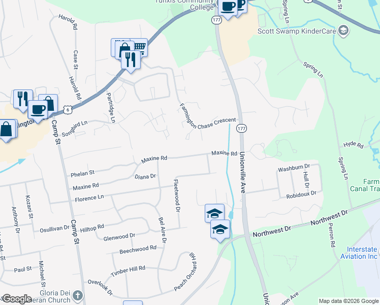 map of restaurants, bars, coffee shops, grocery stores, and more near 55 Maxine Road in Plainville