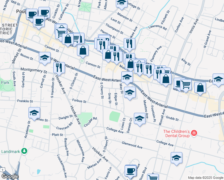 map of restaurants, bars, coffee shops, grocery stores, and more near 10 Fox Terrace in Poughkeepsie