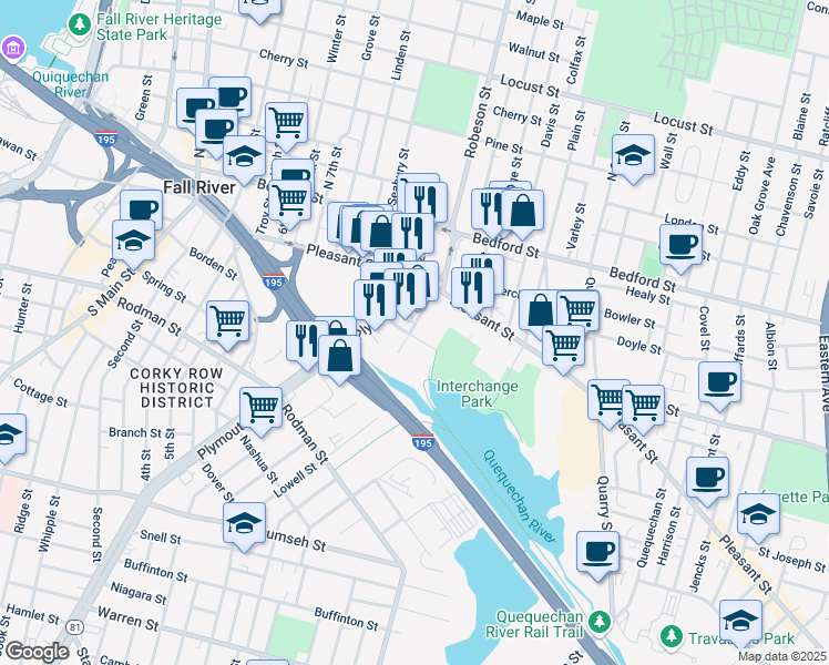 map of restaurants, bars, coffee shops, grocery stores, and more near 92 Wordell Street in Fall River