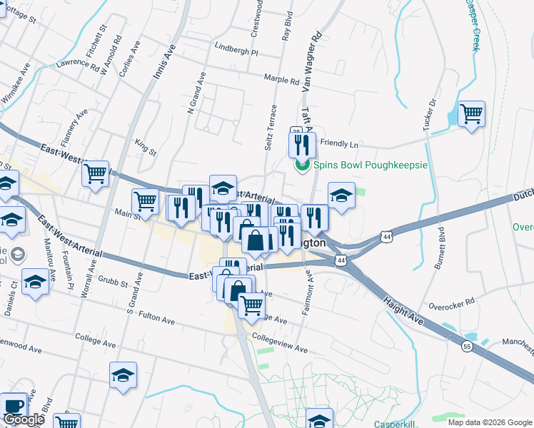 map of restaurants, bars, coffee shops, grocery stores, and more near 12 Van Wagner Road in Arlington